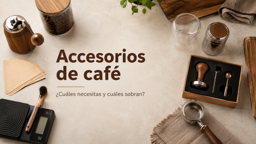 Accesorios de café organizados en una mesa, separando los imprescindibles de los prescindibles para preparar café en casa.
