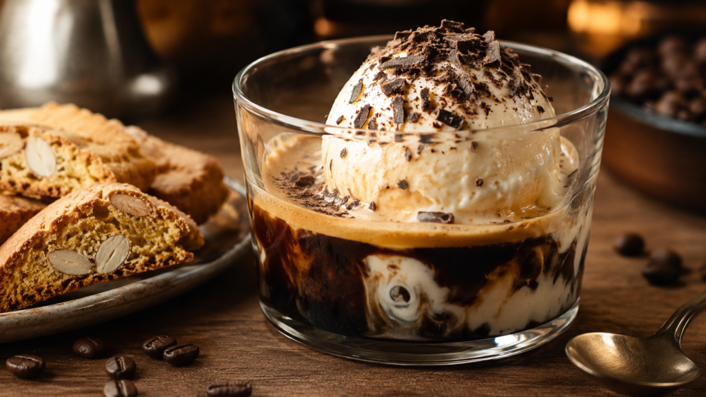 Affogato italiano terminado con helado de vainilla derretido, espresso y virutas de chocolate