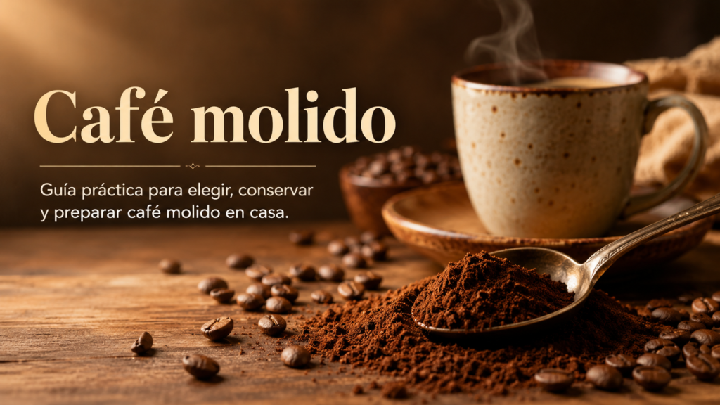 Café molido servido junto a una taza de café recién preparado