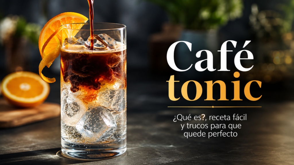 Café tonic en vaso alto con hielo, agua tónica, espresso en capas y naranja como decoración.