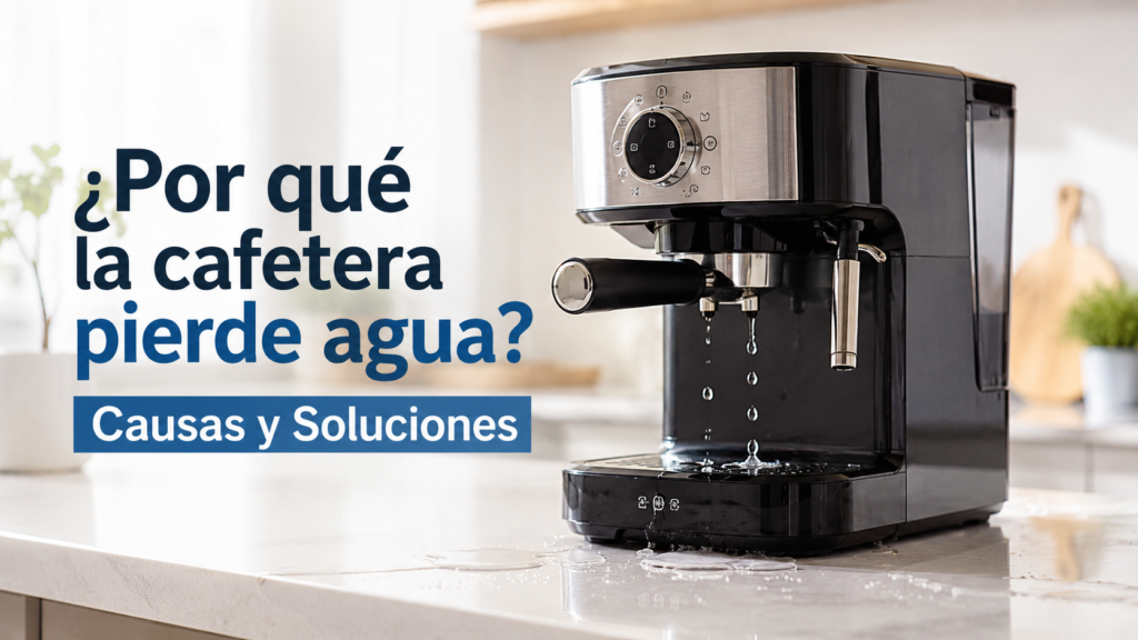 Cafetera doméstica con una fuga de agua visible en la base sobre una encimera de cocina.
