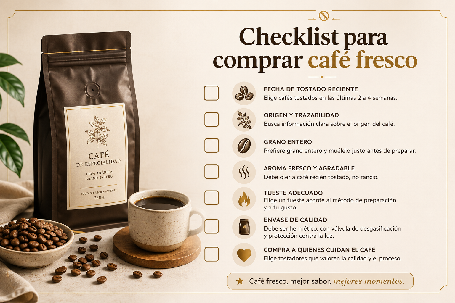 Checklist para comprar café fresco con bolsa de café de especialidad, granos tostados y taza sobre fondo crema.