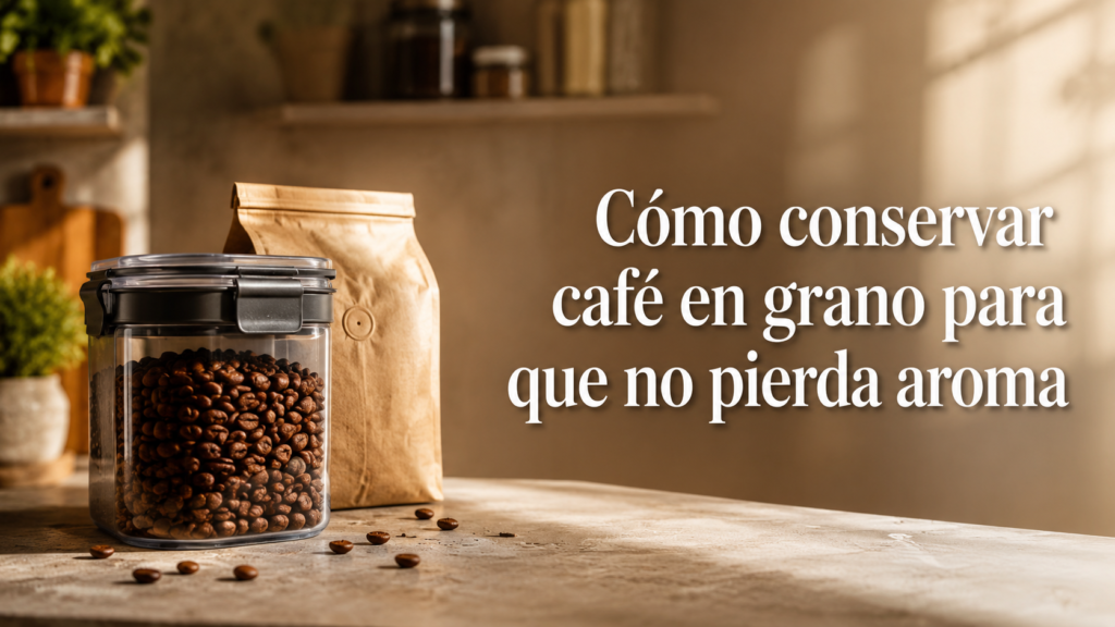 Granos de café en un recipiente hermético opaco para conservar su aroma y frescura en casa.