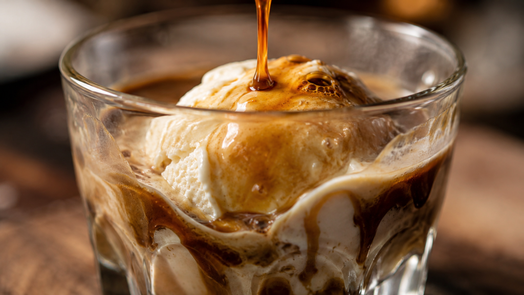Espresso caliente cayendo sobre helado de vainilla para preparar un affogato italiano