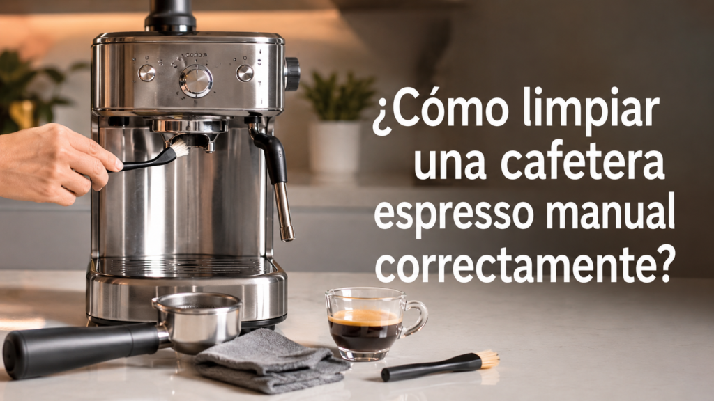 Persona limpiando el grupo de una cafetera espresso manual con cepillo, portafiltro y paño de microfibra sobre la encimera.