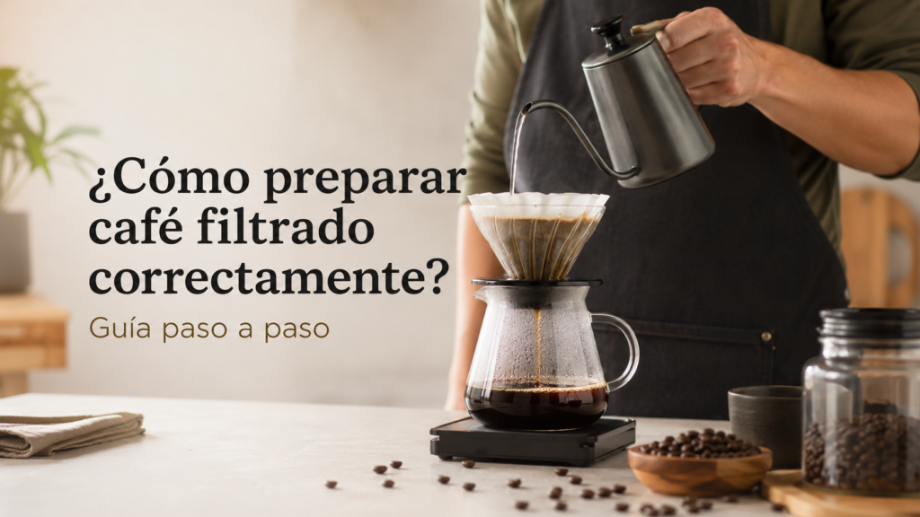 Persona preparando café filtrado correctamente con método V60 y vertido circular de agua caliente