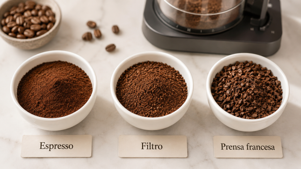 Comparativa visual de molienda fina para espresso, molienda media para filtro y molienda gruesa para prensa francesa