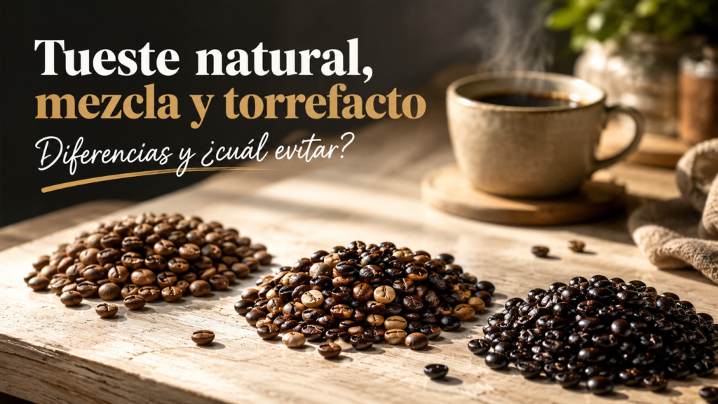 Granos de café de tueste natural, mezcla y torrefacto comparados sobre una mesa
