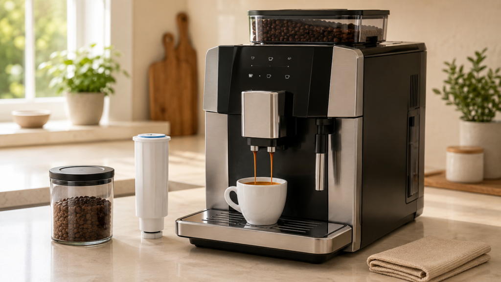 Cafetera automática preparando café con granos visibles y accesorios de limpieza para evitar errores comunes
