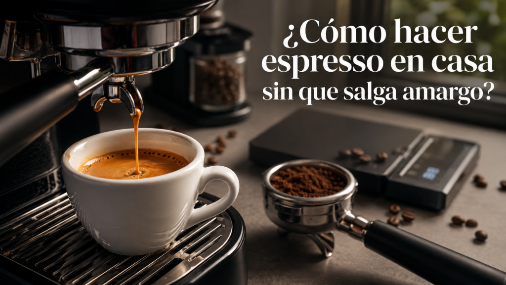 Taza de espresso casero con crema dorada junto a una cafetera, molinillo y báscula para evitar que salga amargo.