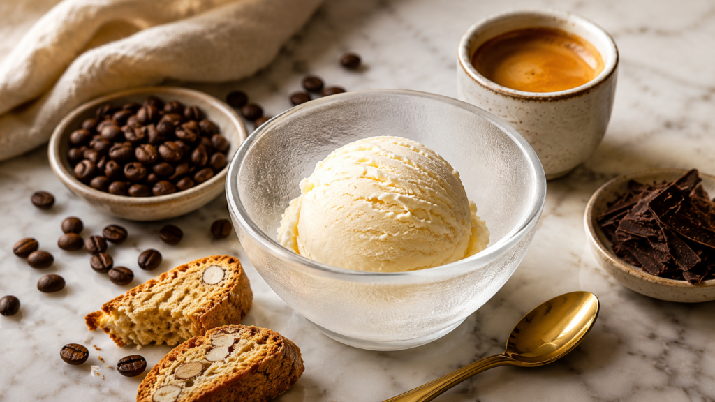 Ingredientes para hacer affogato italiano con helado de vainilla, espresso, biscotti y chocolate