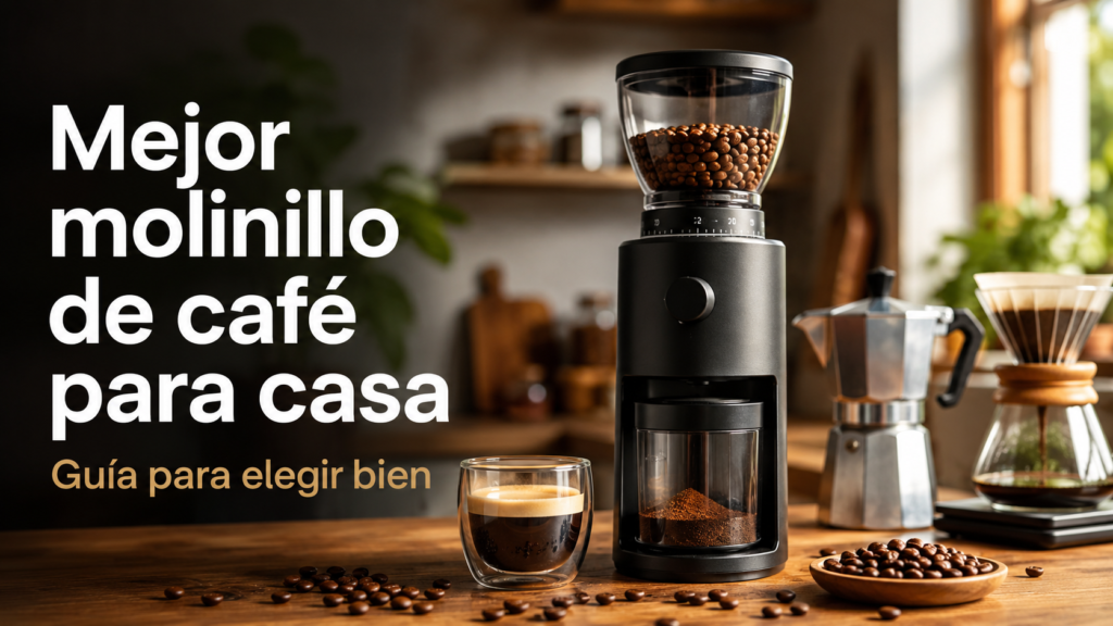 Molinillo de café de muelas en una cocina junto a granos de café, una taza y cafeteras domésticas.