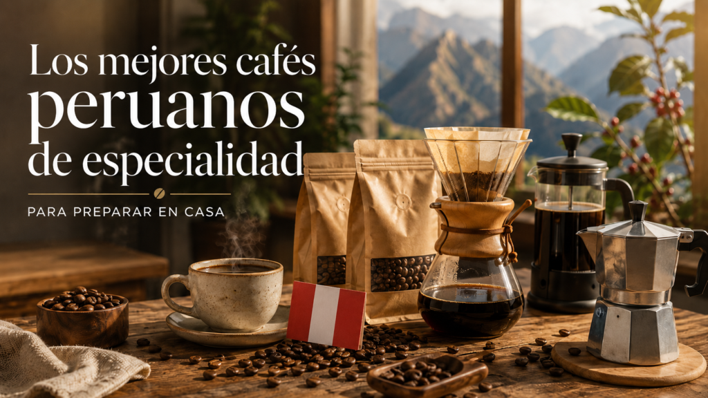 Cafés peruanos de especialidad en grano junto a una taza, V60, prensa francesa y moka para preparar café en casa.