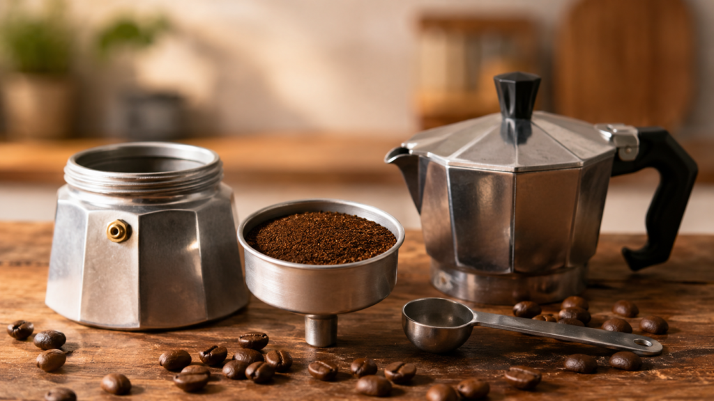 Cafetera italiana moka abierta con molienda media fina para preparar café sin sabor amargo