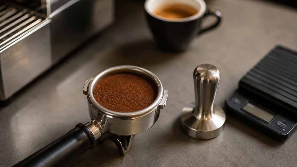 Portafiltro de espresso con molienda fina y uniforme antes de prensar el café