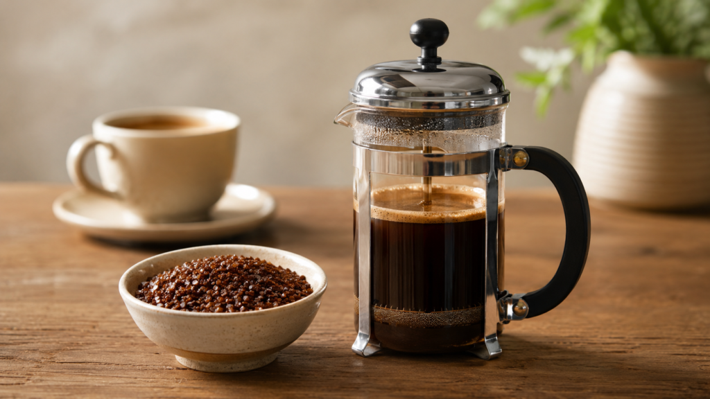 Prensa francesa con café de molienda gruesa para evitar una taza amarga o con posos