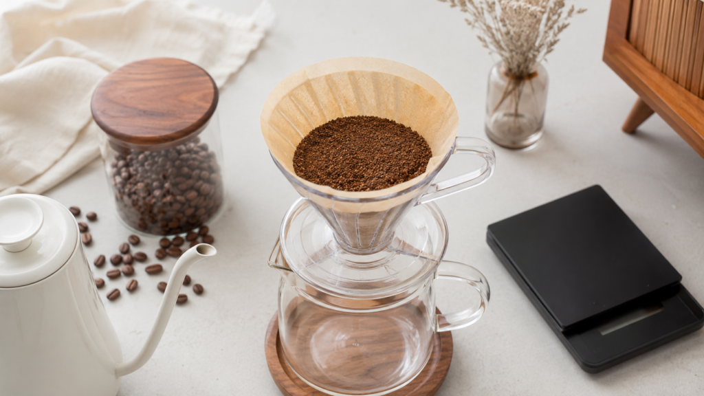 Café de filtro con molienda media, báscula y hervidor para preparar una taza equilibrada