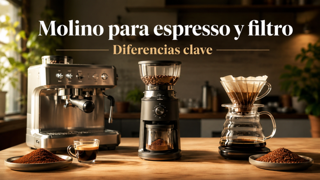 Molino de café de muelas junto a una máquina de espresso y un dripper V60 para comparar molienda fina y molienda de filtro