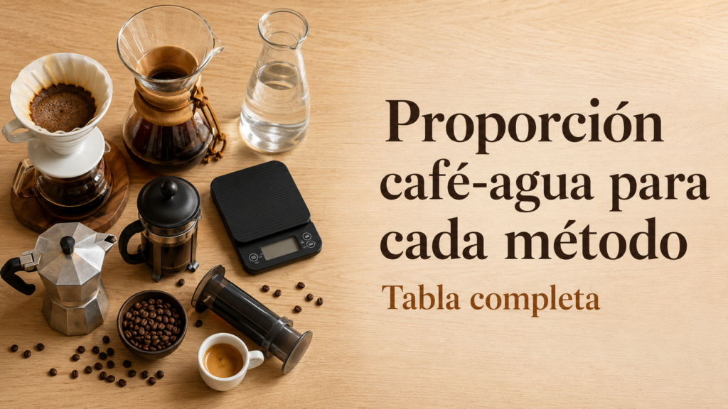 Mesa con V60, Chemex, prensa francesa, moka, AeroPress, espresso, báscula y granos para calcular la proporción café-agua.