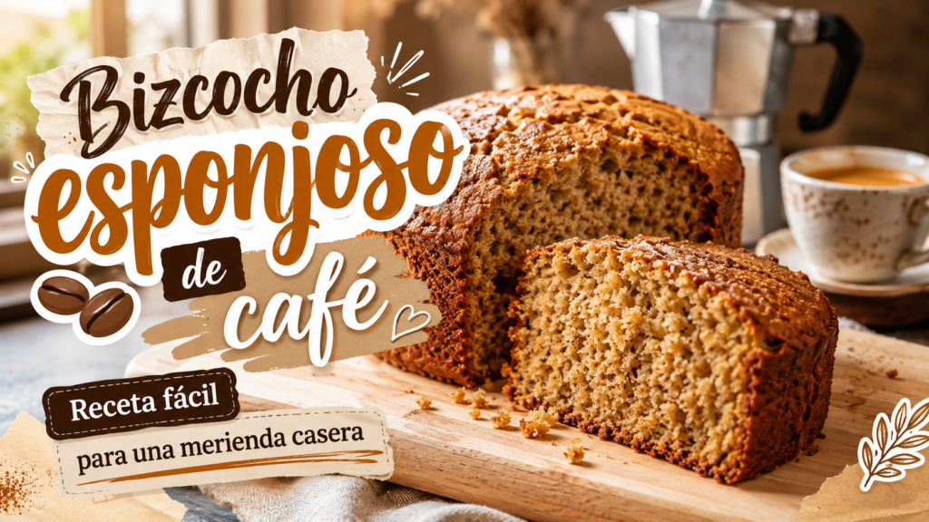 Bizcocho esponjoso de café cortado junto a una taza de espresso y una cafetera italiana.