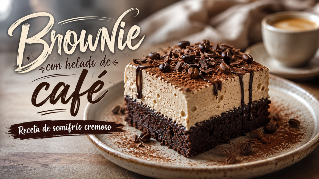 Brownie con helado de café semifrío, base de chocolate y crema de café decorada con cacao y salsa de chocolate.
