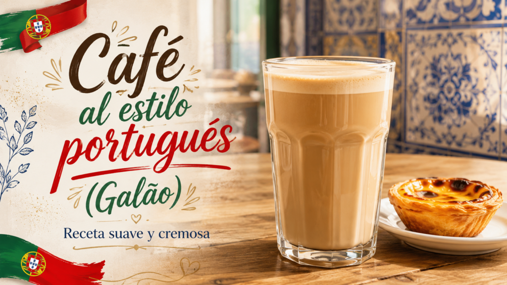 Café Galão portugués preparado con espresso, leche caliente y espuma fina en un vaso alto