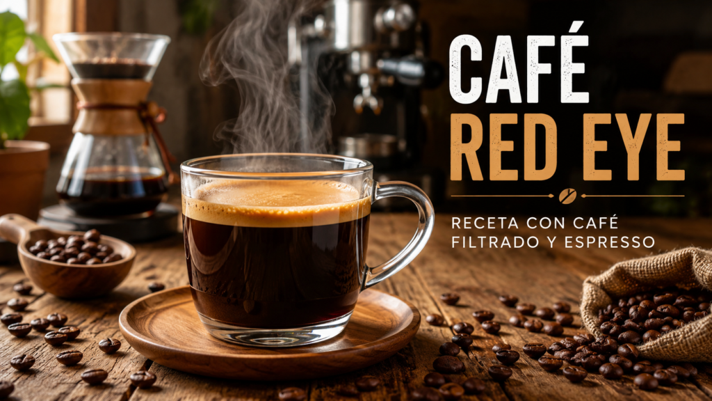 Café Red Eye preparado con café filtrado y un shot de espresso en una taza transparente sobre mesa de madera.