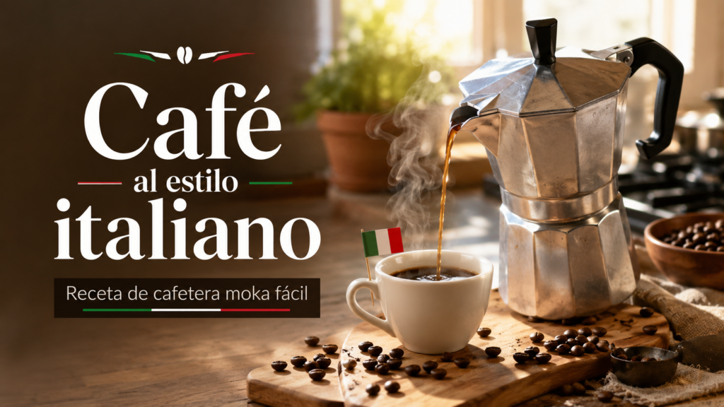 Café al estilo italiano preparado en cafetera moka con taza blanca y granos de café sobre una cocina casera.