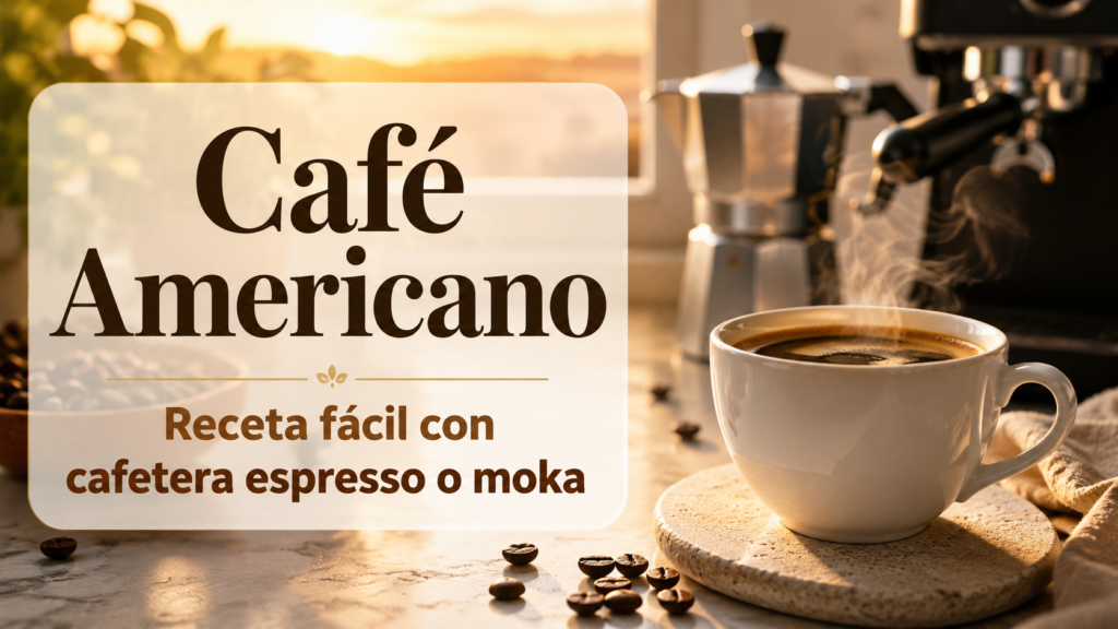 Taza de café americano casero preparada con cafetera espresso o moka sobre una mesa de cocina.