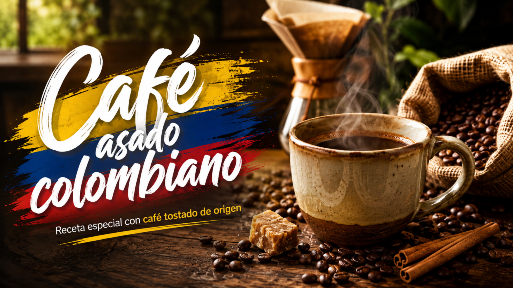 Taza de café asado colombiano de origen junto a granos tostados, panela y canela sobre una mesa de madera.