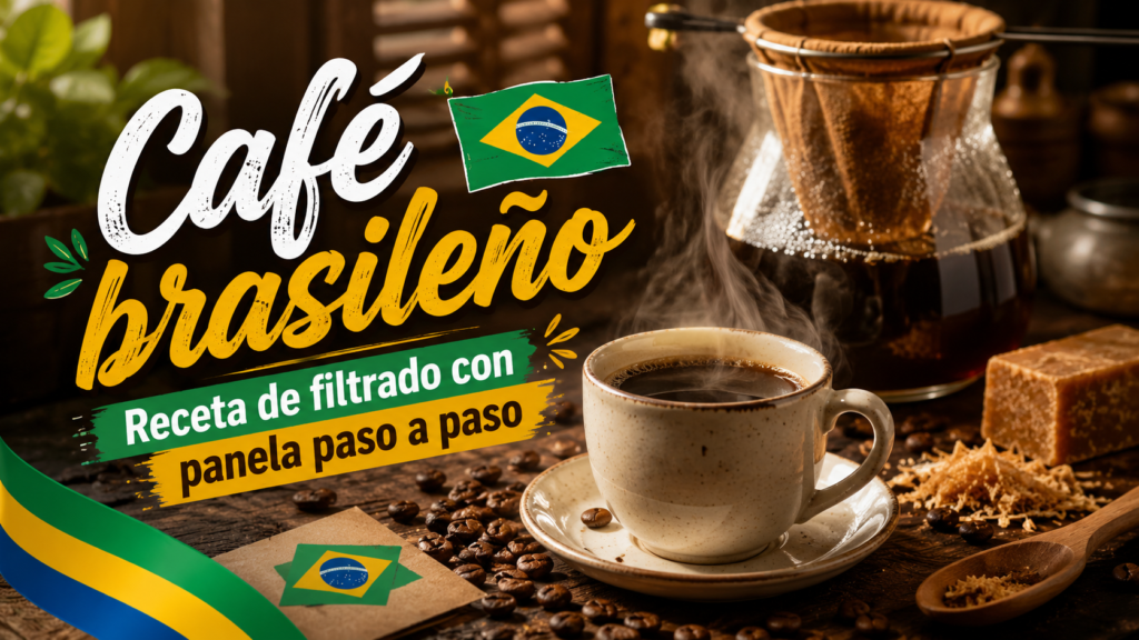 Café brasileño filtrado con panela servido junto a un filtro de tela, granos de café y panela rallada.