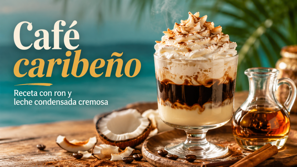 Café caribeño con ron y leche condensada servido en copa con crema batida, canela y coco tostado