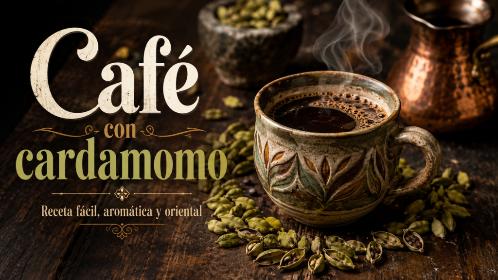 Taza de café con cardamomo verde, vainas abiertas y semillas sobre una mesa de madera.