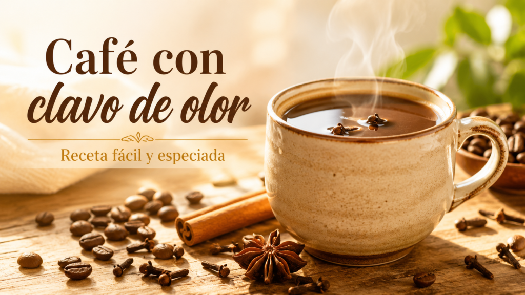 Taza de café con clavo de olor, granos de café y canela sobre una mesa de madera