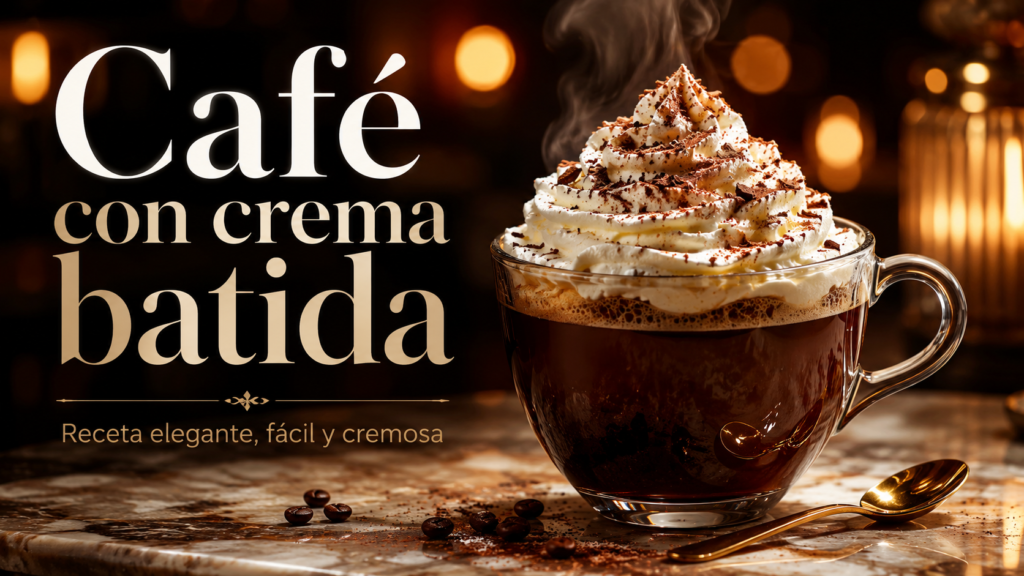Café con crema batida servido en taza de cristal, decorado con cacao, chocolate rallado y canela para una receta elegante en casa.