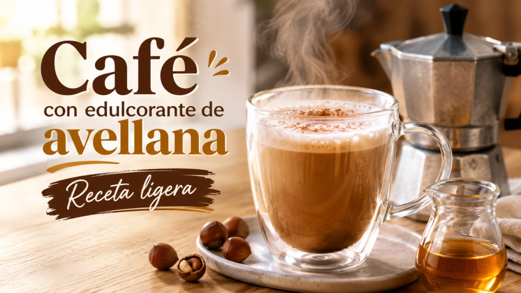 Café con edulcorante de avellana servido con espuma ligera junto a una cafetera italiana y avellanas.