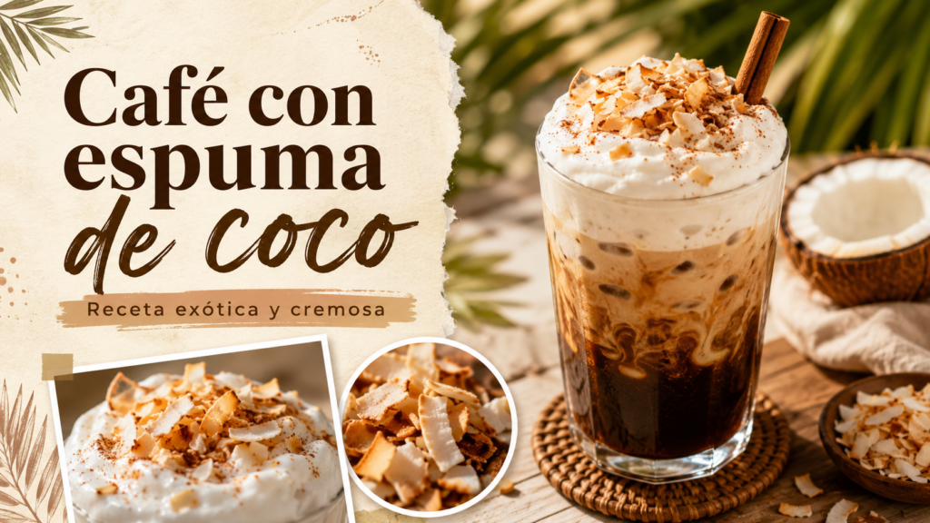 Café con espuma de coco servido en vaso con hielo, coco rallado y textura cremosa
