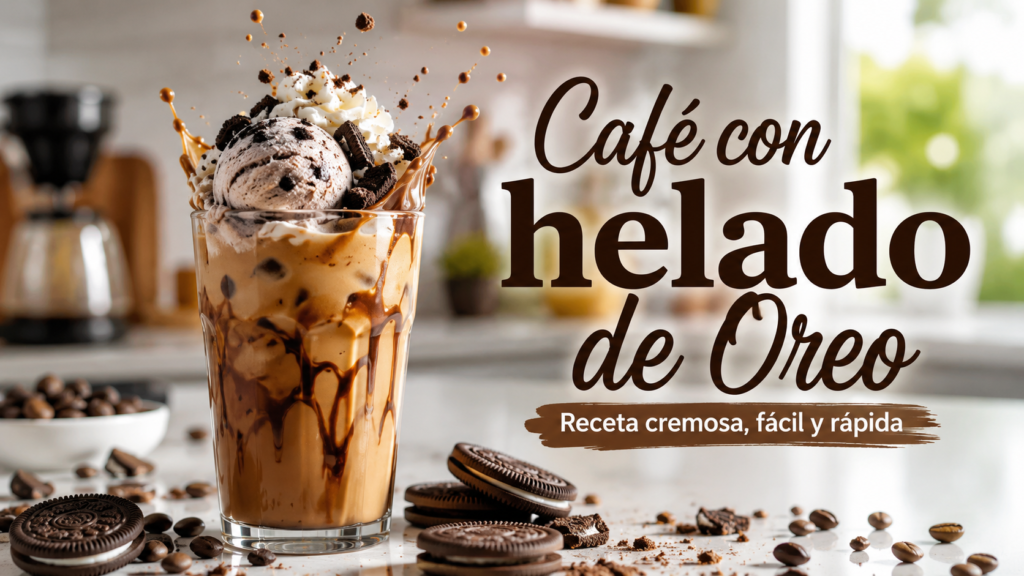 Café con helado de Oreo en vaso alto con galletas Oreo trituradas, sirope de chocolate y textura cremosa.