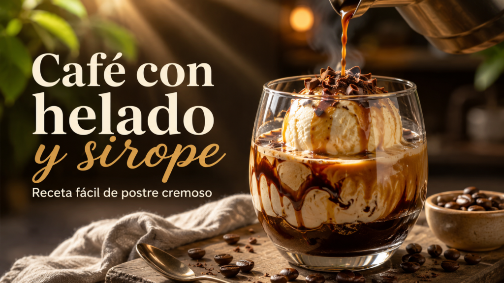 Café con helado y sirope de caramelo servido en copa transparente como postre cremoso y fácil de preparar en casa.
