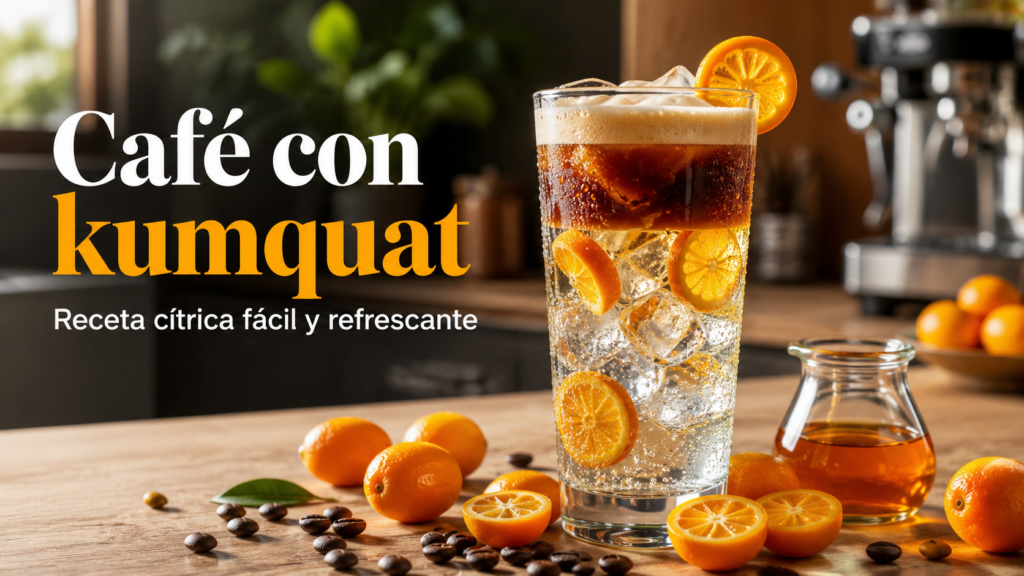 Café con kumquat preparado con espresso, agua tónica, hielo y rodajas de kumquat fresco