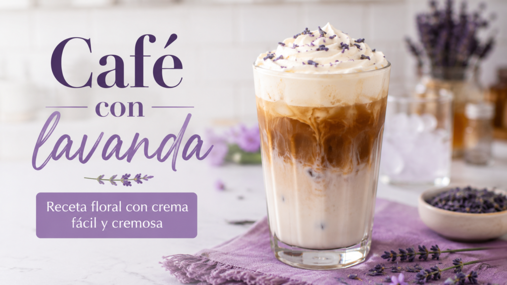 Café con lavanda y crema servido en vaso de vidrio con flores de lavanda, receta floral cremosa para preparar en casa.