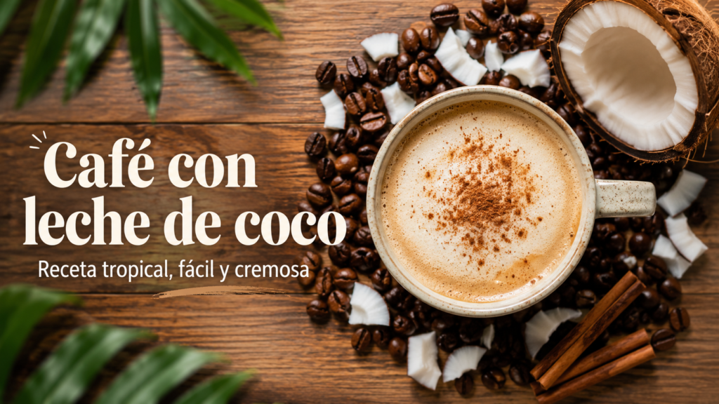 Café con leche de coco cremoso servido en una taza junto a coco fresco, canela y granos de café.