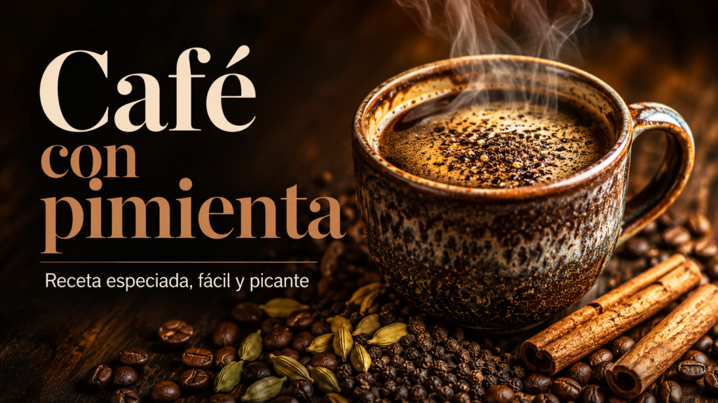 Taza de café con pimienta negra, canela, cardamomo y granos de café sobre una mesa de madera.