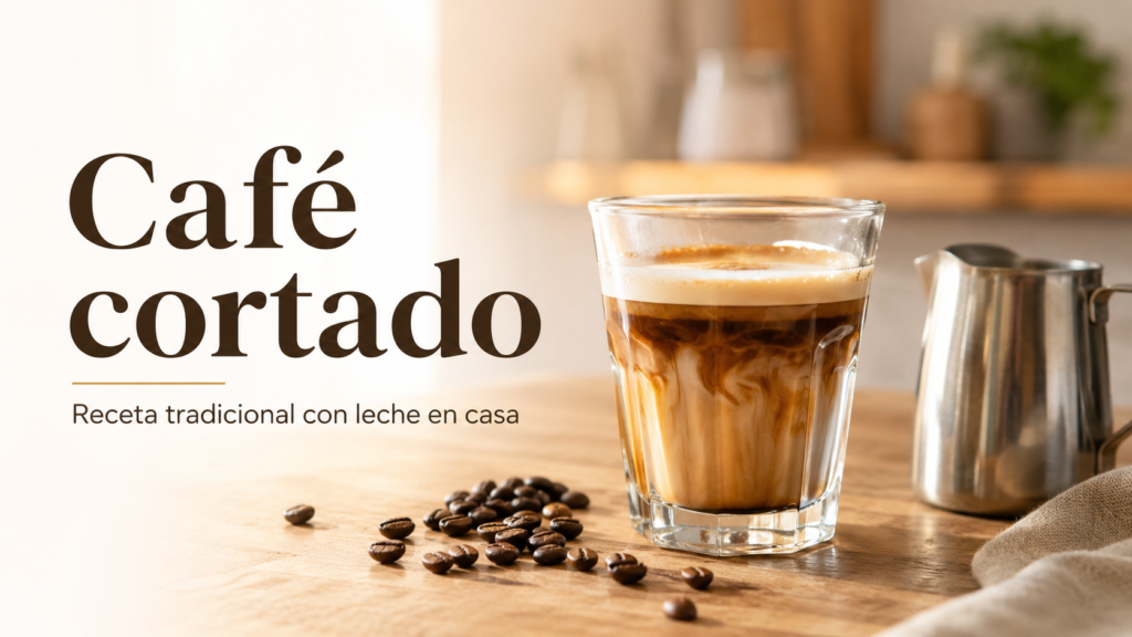 Café cortado tradicional con leche servido en vaso pequeño junto a granos de café y jarrita de leche.