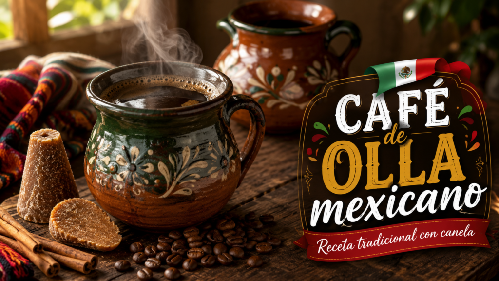 Café de olla mexicano con canela y piloncillo servido en un jarro de barro junto a una olla tradicional.
