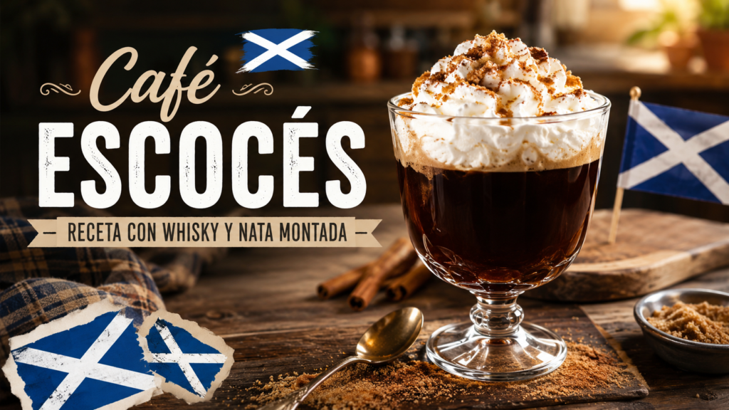 Café escocés con whisky y nata montada servido en copa transparente con canela y azúcar moreno