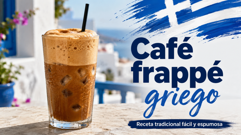 Café frappé griego tradicional con espuma cremosa, hielo y café soluble servido en un vaso alto.