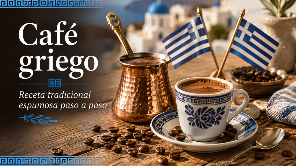 Café griego tradicional espumoso preparado en briki con kaimaki cremoso