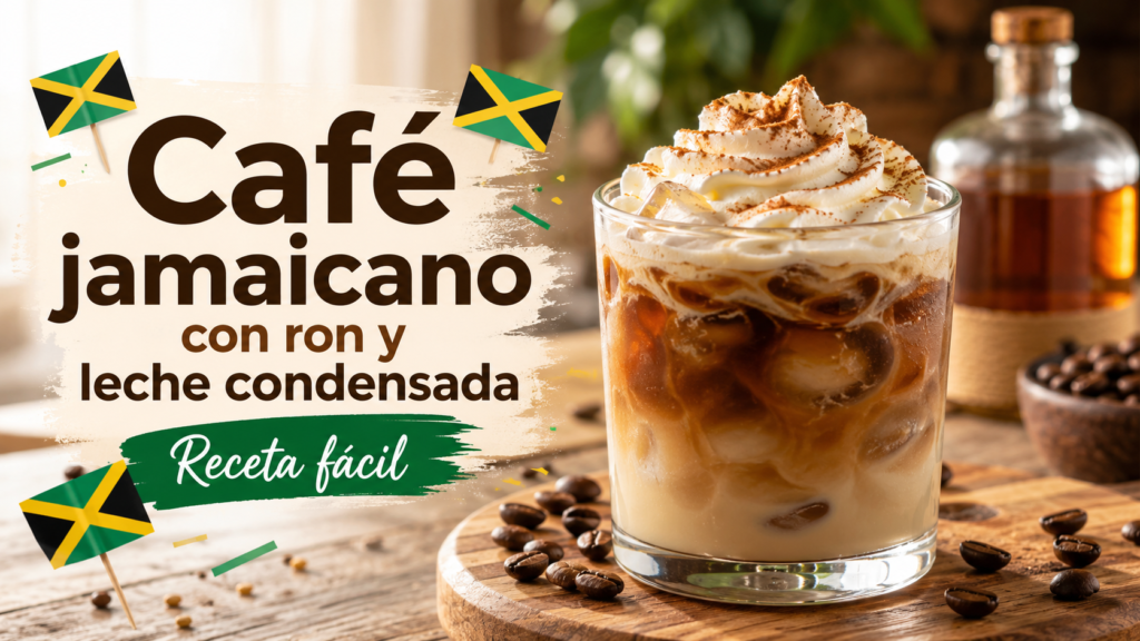 Café jamaicano con ron, leche condensada, hielo, nata montada y canela servido en vaso transparente