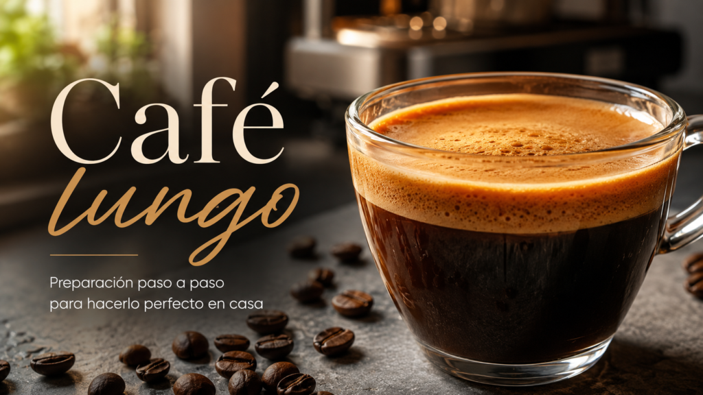 Café lungo recién preparado en una taza con crema dorada junto a una máquina espresso y granos de café.